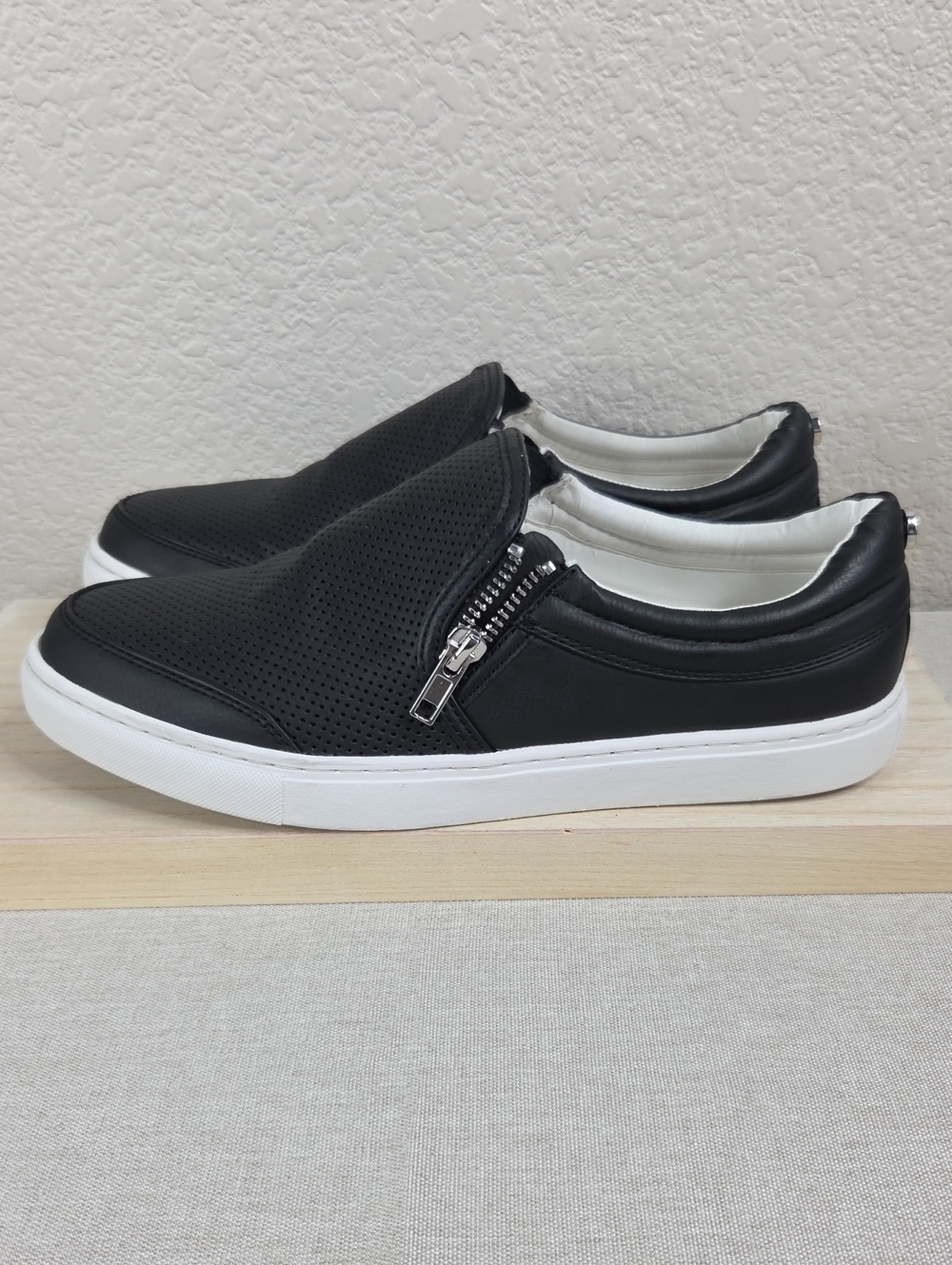 Steve Madden Black Perforated Slip-On Sneakers with Side Zipper